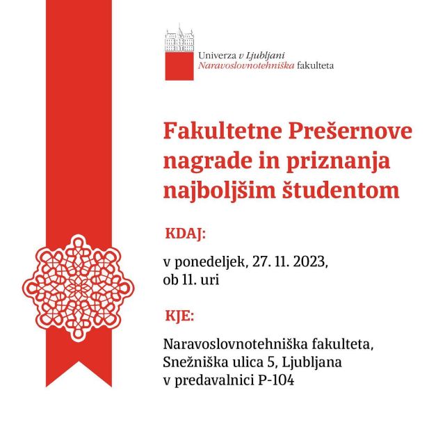 V ponedeljek, 27. novembra, ob 11. uri bomo na fakulteti podelili Prešernove nagrade in priznanja najboljšim študentom.
Podelitev se bo izvedla v predavalnici P-104. 🎖️

Vljudno vabljeni na ogled svečane podelitve v čim večjem številu!

#ntf #ulntf #PresernovenagradeNtf
#Presernovenagrade2023