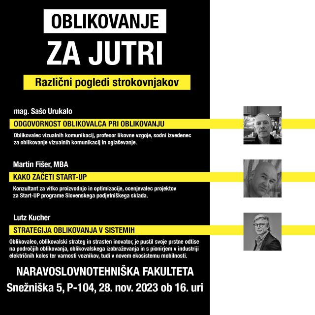 V torek, 28. novembra, bodo ob 16. uri na Naravoslovnotehniški potekala tri predavanja na teme:

👉 Avtorske pravice pri oblikovanju
👉 Kako začeti Startup
👉 Oblikovanje v velikih sistemih

Vabljeni!

#grafika #predavanja #oblikovanje #intelektualnalastnina #startup